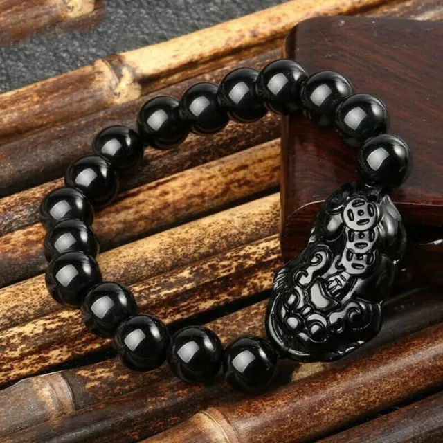 Pixiu  Feng Shui Black Bracelet Obsidian Stone Beads Attract Wealth Good Luck