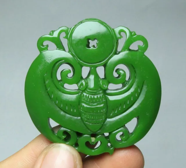 5CM China Natural Green Jade Carve wealth Bat Money Coin Yubi Jadebi Pendant