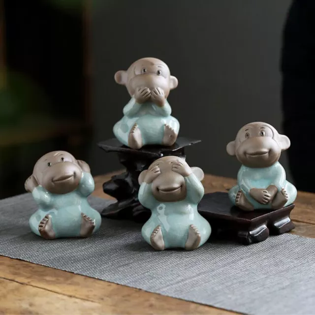 Ge-Kiln Ceramic/Wood Figures Four Wise Monkeys Hear See Speak Do No Evil Statue