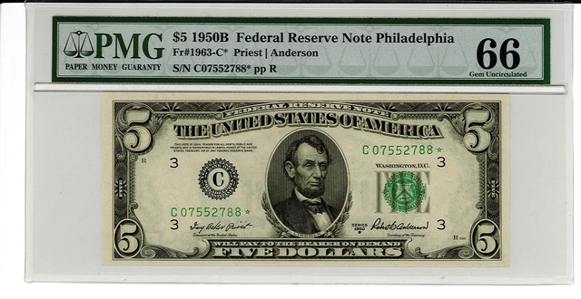 1950B $5 Federal Reserve Star Note - PMG 66 EPQ - GEM - Philadelphia - 1963-C*