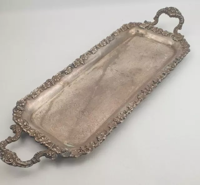 Heavy Silver Plated Long Rectangular 2 Handled Tray with Vine Leaf Border