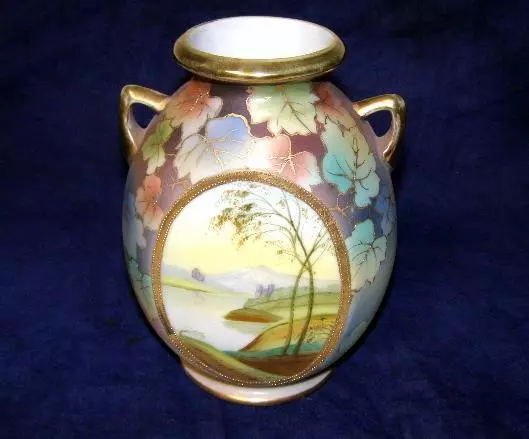 Antique Nippon Morimura Scenic Vase Hand Painted with Castle & Gold Beading