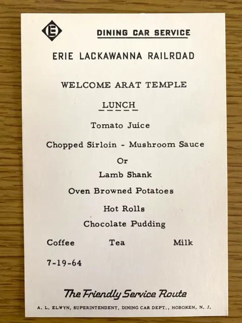 1964 ERIE LACKAWANNA RAILROAD vintage lunch menu DINING CAR SERVICE Arat Temple