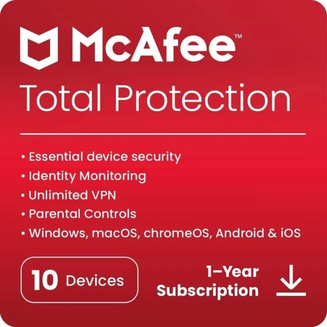 McAfee Total Protection 2024 1, 3, 5, & 10 Device 1 Year PC Mac Phone Security