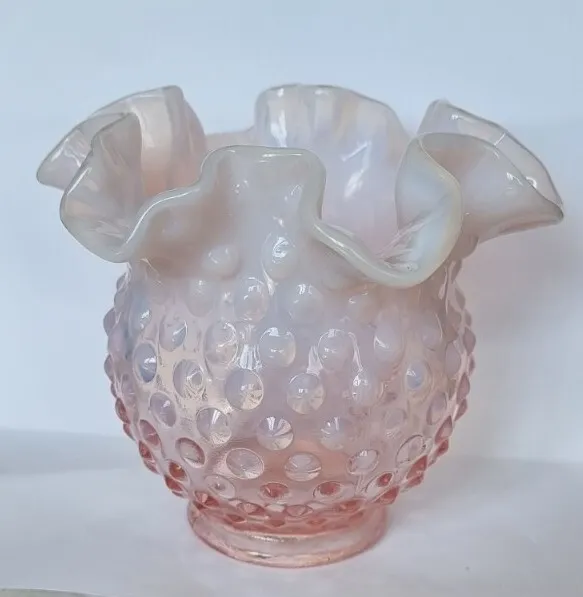 Vintage Fenton Pink Cranberry Glass Opalescent Hobnail Bowl Frilled Rim