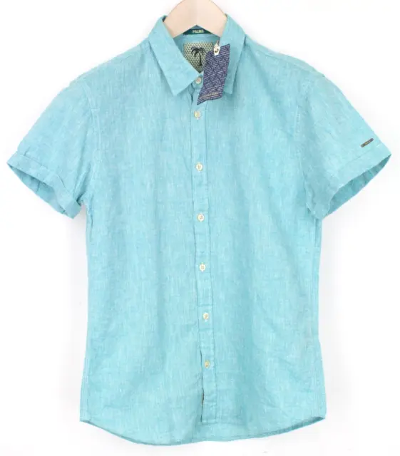 Scotch & Soda Hommes Chemise S Manche Courte Vert Mélange Coupe Slim Lin Coton