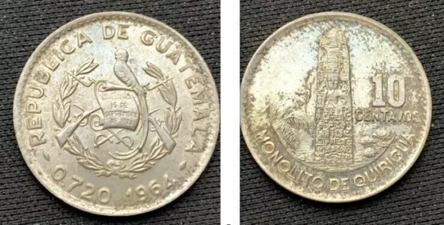 1964 Guatemala 10 Centavos UNC .720 Silver ( 964 k Minted )     #D249