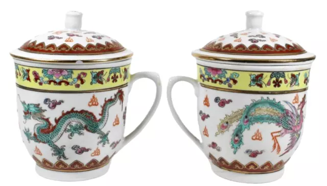 Pair Chinese Porcelain Ceramic Dragon Tea Coffee Mugs with Lids Vintage