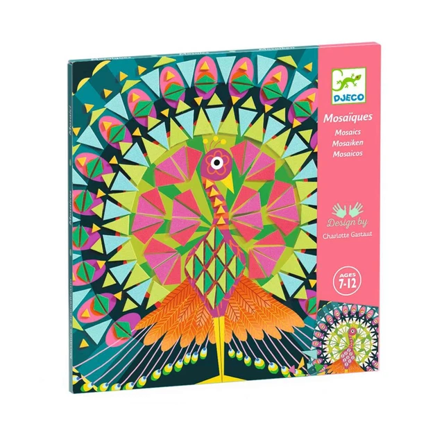 Bastelpackung  Mosaik Pfau von Djeco Collage zum Kleben nach Zahlen DJ08888