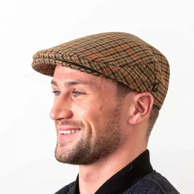 British Tweed Flat Cap Brown Houndstooth Check Hat made from genuine Tweed