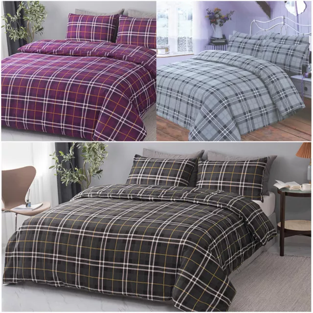 Flannelette 100% Brushed Cotton Tartan Check Duvet Quilt Cover Warm Bedding Set