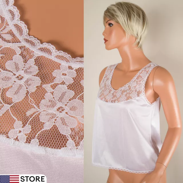 ASHLEY TAYLOR White Silky Nylon Cami Tank Top Lace Bodice Size M