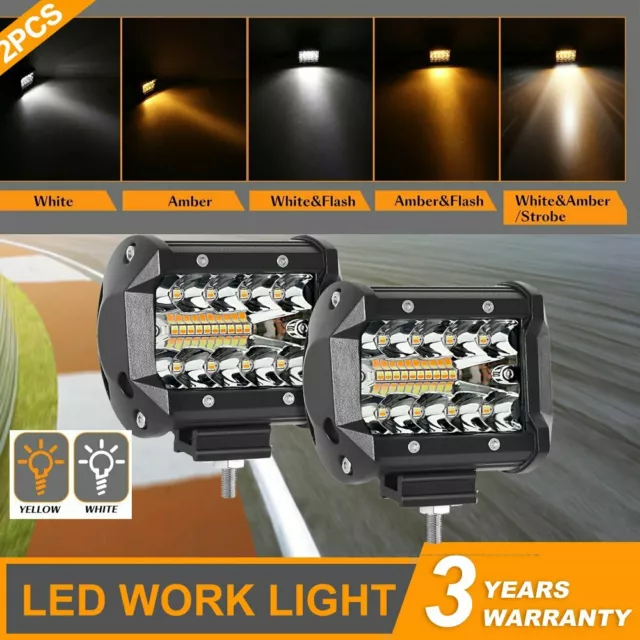 2X 4inch 60W LED Work Light Bar Pods Amber & White Strobe Driving Truck SUV Boat