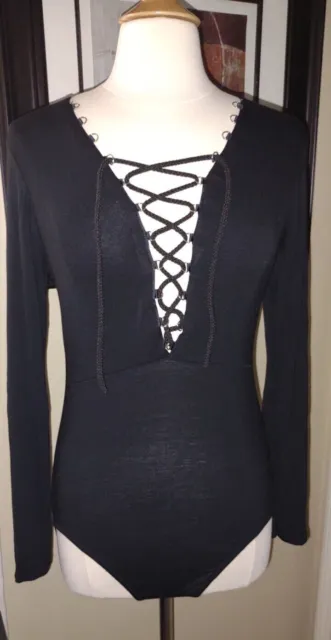 BOOHOO Black Long Sleeve Lace-Up Bodysuit Women's Size 12 NWT