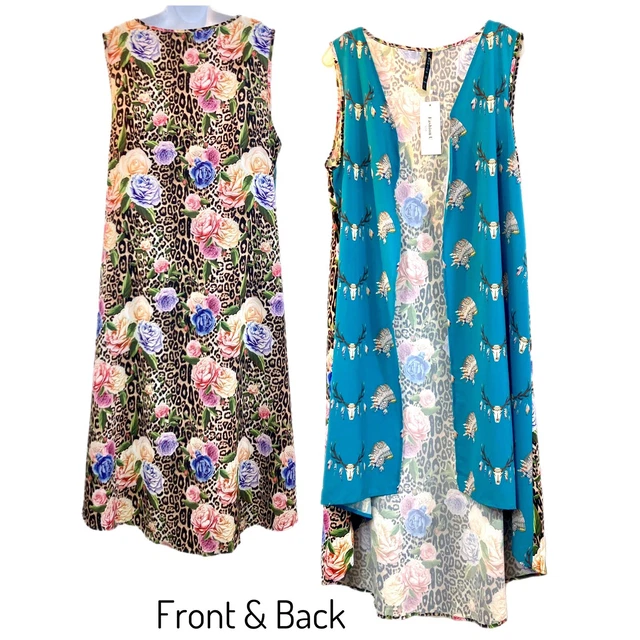 Open Front Waterfall Duster Sleeveless Skull Roses Cheetah Bohowestern Womens L