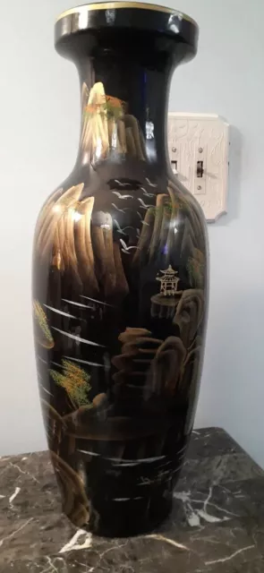 FIERCE Large Vintage Asian Chinoiserie Vase Black Gold Green HANDPAINTED