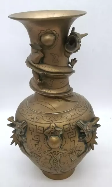 Possible Antique Large Brass Chinese Sculpted Vase with 5 Claw Dragons 35cm tall