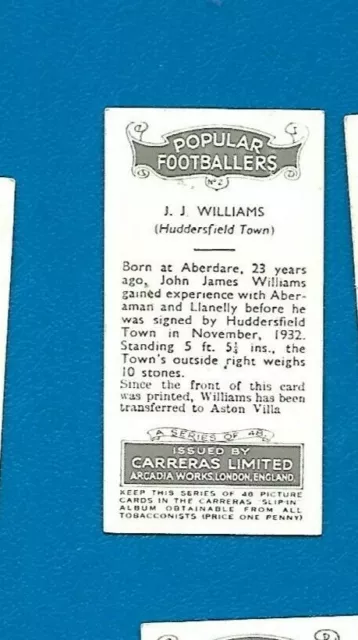 1930er Jahre Zigarettenkarte - J.J.Williams von Huddersfield Town FC von Carreras 2