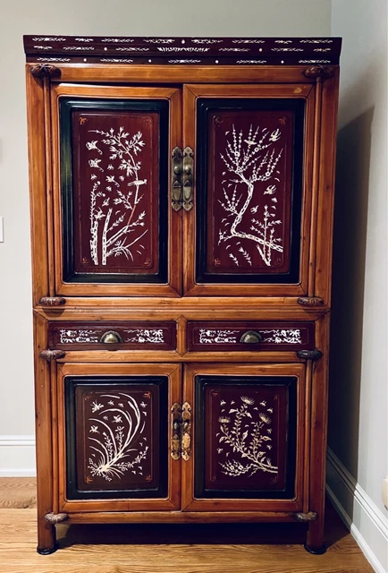 Chinese Lacquered Ming Style Inlaid Wedding Cabinet