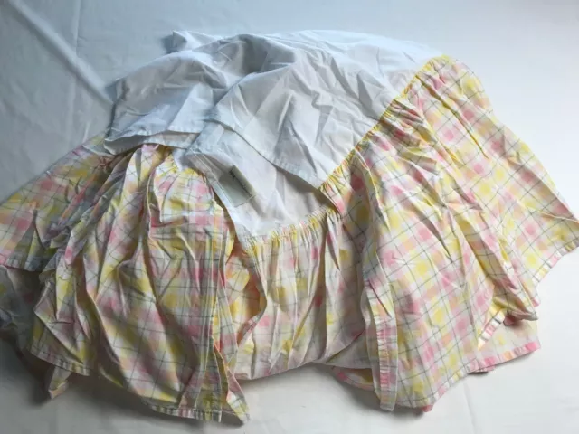 Falda de cama de algodón Pottery Barn para niños rosa verde amarillo a cuadros colchón completo