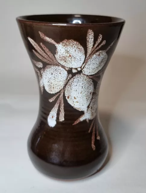 Vintage Tenby Studio Miniature Brown Pottery Vase With Floral Decoration