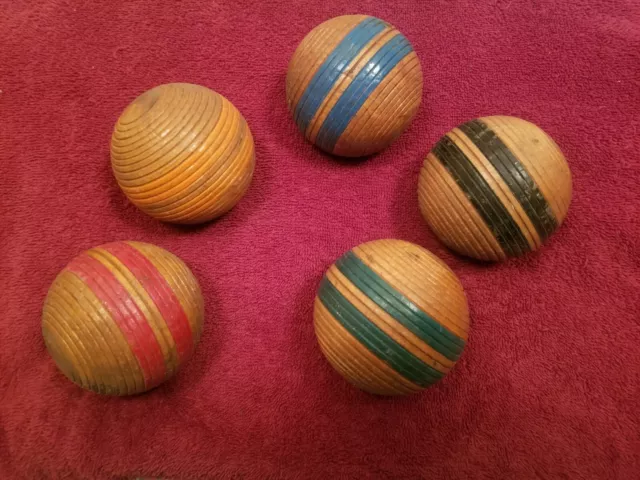 Vintage Lot of 5 Wooden Croquet Balls Ribbed & Striped