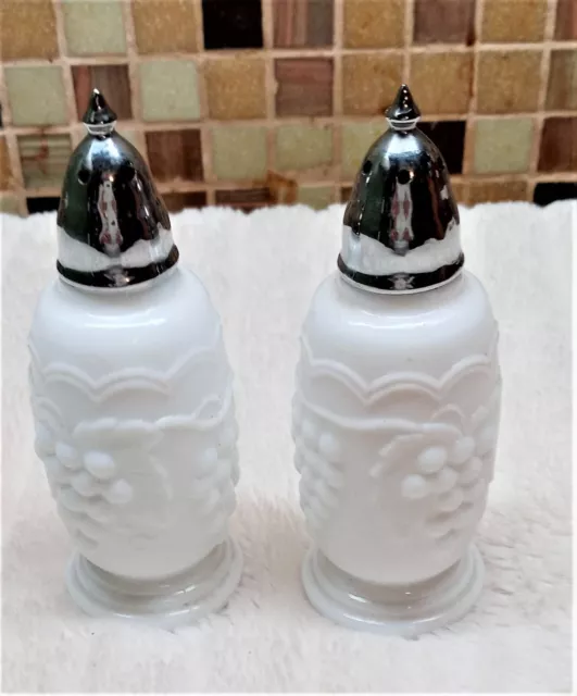 Imperial White Milk Glass Grape Pattern Salt & Pepper Shakers