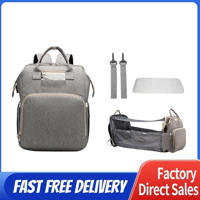 USB Folding Crib Baby Diaper Bag Mommy Nappy Backpack w/Sunshade (Grey)