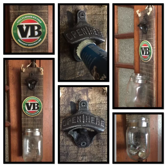 VB Beer Wooden Cap Bottle Opener Kitchen Bar Wall Mounted Beer with Cap Catcher