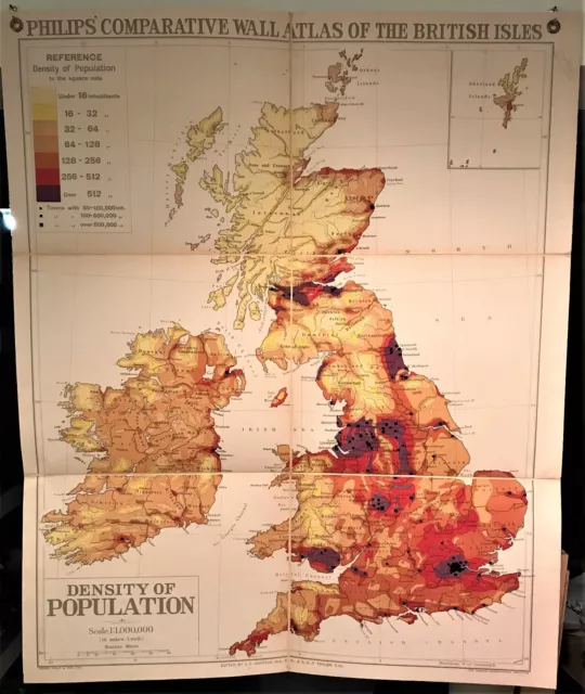 1921 Original Philips' Comparative WALL Atlas BRITISH ISLES ~ POPULATION Map