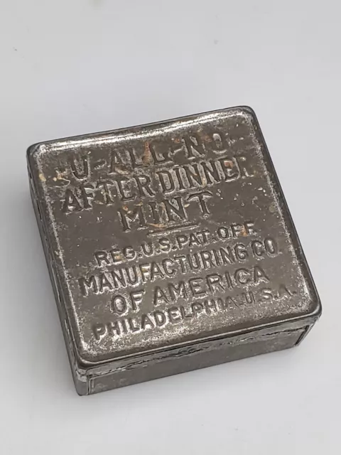 Vtg Grey Worn U-All-No After Dinner Mint Embossed Square Tin Container 1910