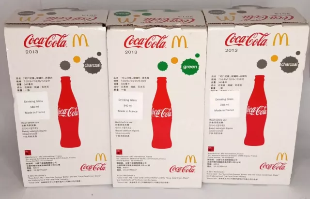 McDonalds 2013 Coca-Cola Upside Down Bottle Shape Glasses 1xGn, 2x Charcoal 2