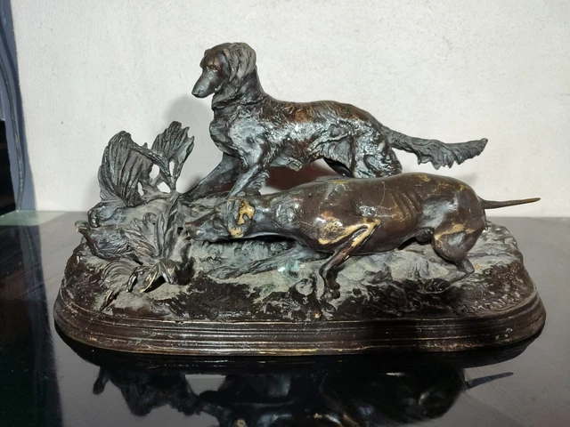 Statue Animalière – Chien De Chasse – Bronze Patiné Sur Socle – Sculpture Déco XXème