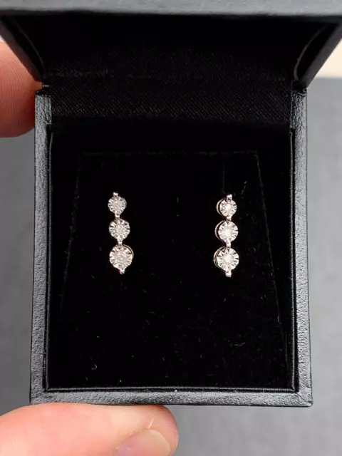 9ct gold three stone diamond drop earrings, boxed 9k 375