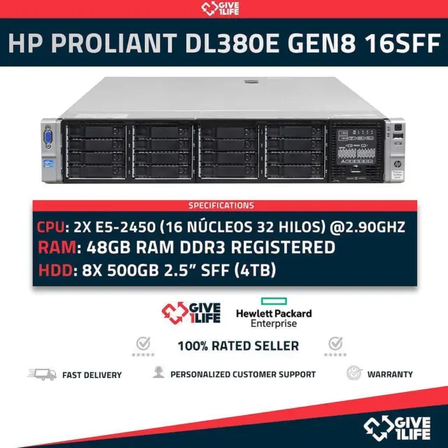 HP Proliant DL380e Gen8 16SFF 2x E5-2450 (16 cœurs 32 fils) 48 Go ECC 8x 50...