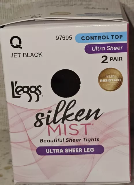 2 Pair Leggs Silken Mist Control Top Tights Ultra Sheer Leg 97695 Jet Black Q