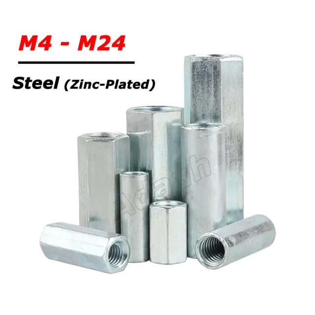 M4-M24 Hex Round Connector Nut Threaded Sleeve Rod Bar Stud Long Nut Zinc-Plated