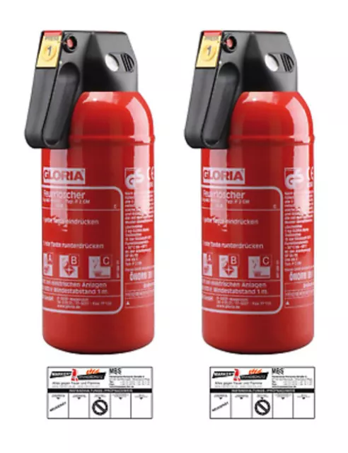 2x Gloria Kfz Auto-Pulverlöscher P2GM, 2kg Brandklasse Abc Support Et Plaque