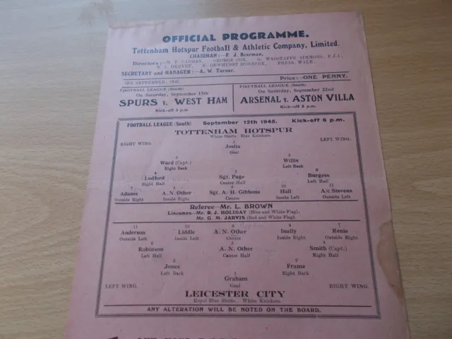 Tottenham v Leicester programme dated 12-9-1945   (ToT026)