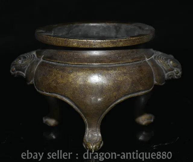 6.4"Old Chinese Xuande Marked Copper Animal Head 3 Foot Incense Burner Censer