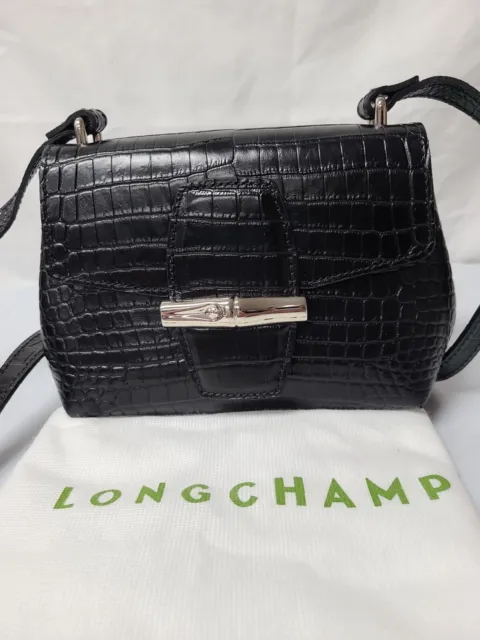 Longchamp Roseau Croc Embossed Leather Crossbody Bag Black FREE SHIPPING