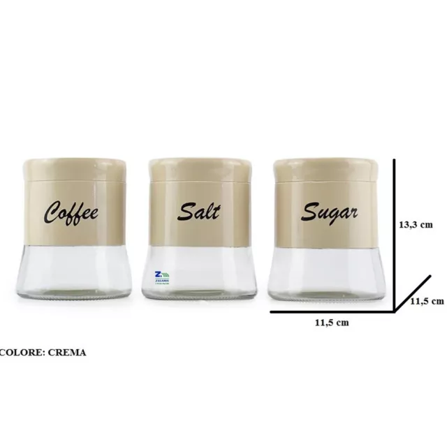 SET 3 TRIS BARATTOLI DA CUCINA VETRO SALE ZUCCHERO CAFFE' CREMA 650ml