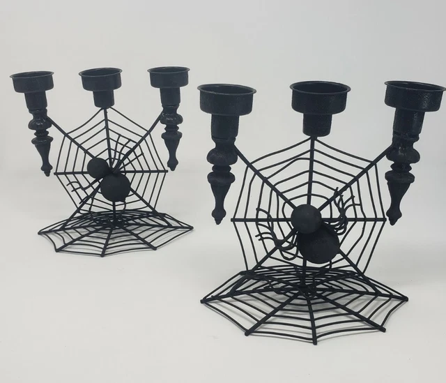 Par de terror gótico de telaraña de metal negro araña candelabro Halloween