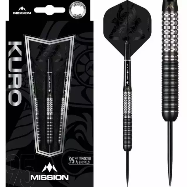 Mission KURO Steel Tip 95% TUNGSTEN Darts Set - Style 1 - Rear Sabre Grip 24g