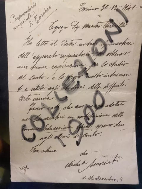 Lettera manoscritta del cantante Michele Accorinti del 1941 al Prof. Piccirill