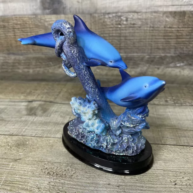 Playful Blue Dolphins Swimming Around Coral Statue Sea Life Figurine Decor