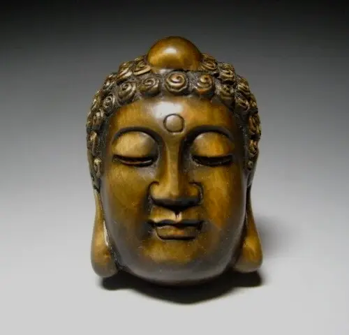 NETSUKE Japanese Wooden Sculpture Wood Carving Buddha Head 1.4x1.0x1.9in