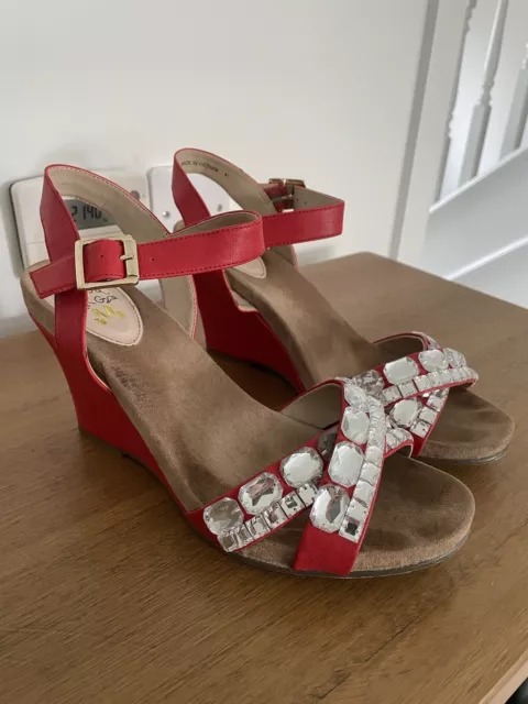 LADIES RED MISS KG Real Leather Strap Wedge Heel Diamant Shoes