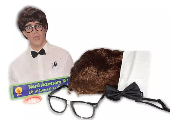 NERD ACCESSORY KIT Brown Wig Black Eye Glasses Bow Tie Buck Teeth Funny Costume