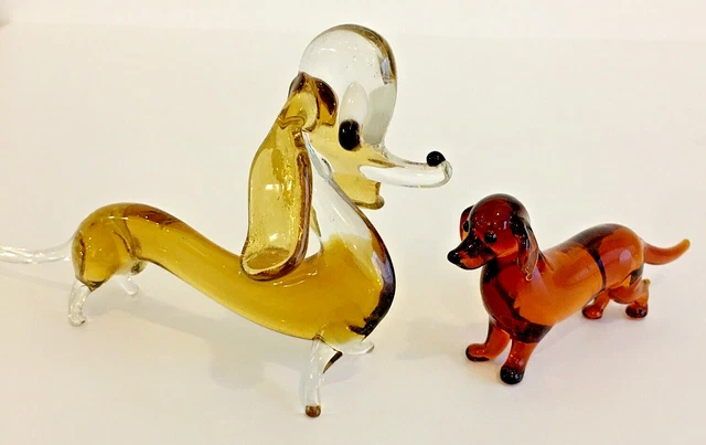 Murano Venice Dachshund Hand Blown Glass Mini Sausage Dogs x 2, Perfect